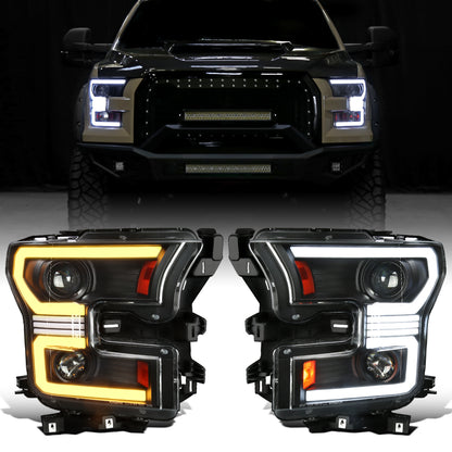 Ronnin - Fits 2015-2017 Ford F150 Halogen Dual Projector Headlights LED DRL Switchback Sequential Turn Signals With 2 Lighting Patterns  Assembly Pair | Black