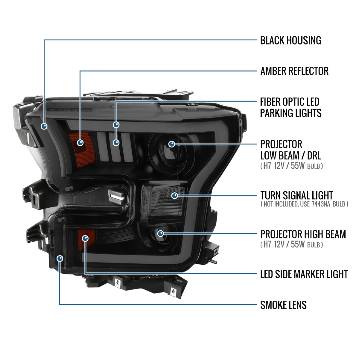 Ronnin - Fits 2015-2017 Ford F150 LED Tube Halogen Dual Projector Headlights Assembly Pair | Black Smoke