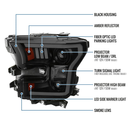 Ronnin - Fits 2015-2017 Ford F150 LED Tube Halogen Dual Projector Headlights Assembly Pair | Black Smoke
