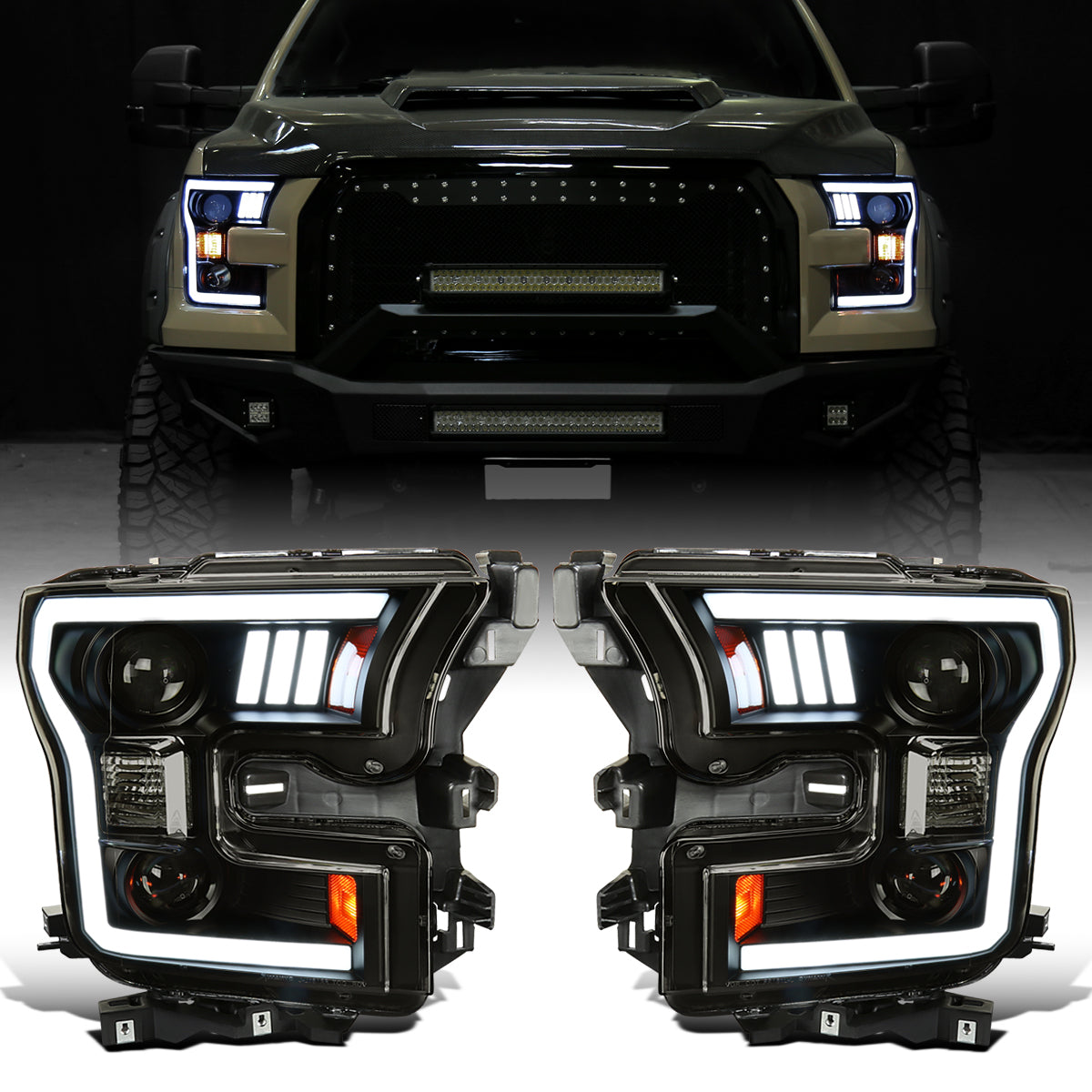 Ronnin - Fits 2015-2017 Ford F150 LED Tube Halogen Dual Projector Headlights Assembly Pair | Black Smoke