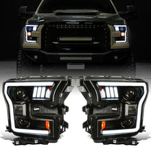 Ronnin - Fits 2015-2017 Ford F150 LED Tube Halogen Dual Projector Headlights Assembly Pair | Black Smoke