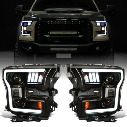 Ronnin - Fits 2015-2017 Ford F150 LED Tube Halogen Dual Projector Headlights Assembly Pair | Black Smoke