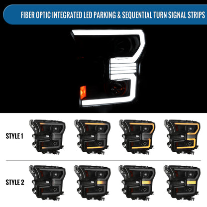 Ronnin - Fits 2015-2017 Ford F150 Halogen Dual Projector Headlights LED DRL Switchback Sequential Turn Signals With 2 Lighting Patterns  Assembly Pair | Black Smoke