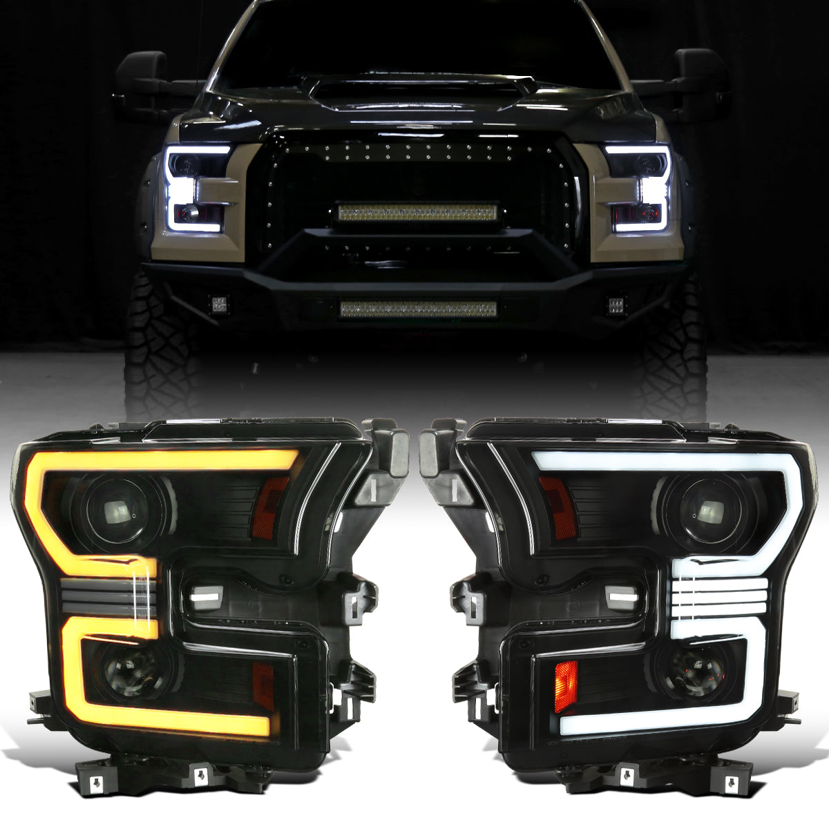 Ronnin - Fits 2015-2017 Ford F150 Halogen Dual Projector Headlights LED DRL Switchback Sequential Turn Signals With 2 Lighting Patterns  Assembly Pair | Black Smoke