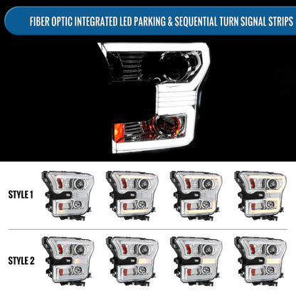 Ronnin - Fits 2015-2017 Ford F150 Halogen Dual Projector Headlights LED DRL Switchback Sequential Turn Signals With 2 Lighting Patterns  Assembly Pair | Chrome