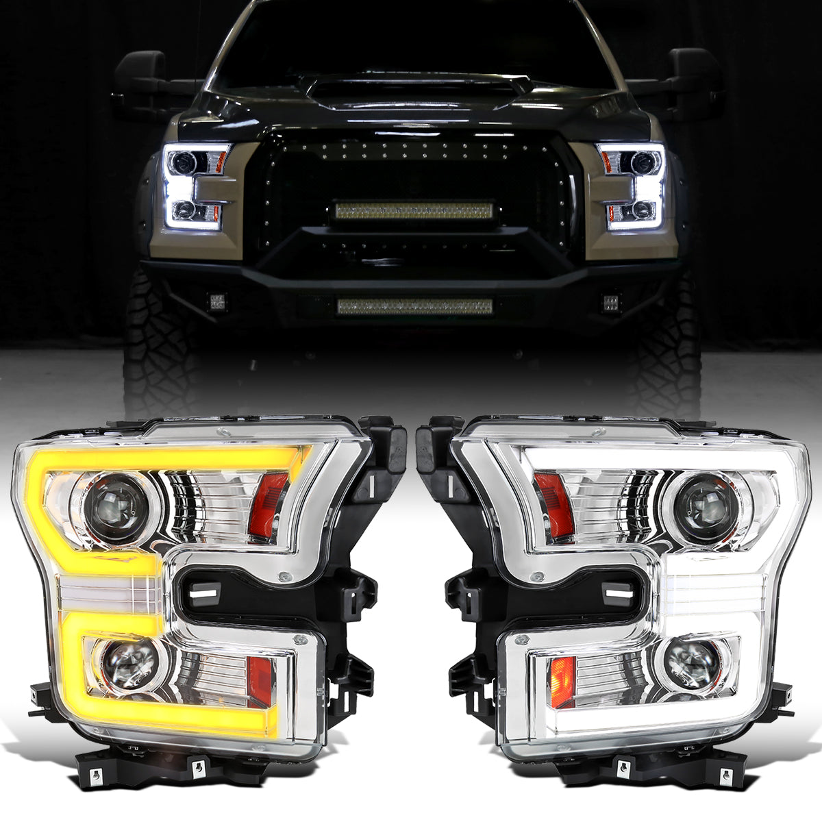 Ronnin - Fits 2015-2017 Ford F150 Halogen Dual Projector Headlights LED DRL Switchback Sequential Turn Signals With 2 Lighting Patterns  Assembly Pair | Chrome