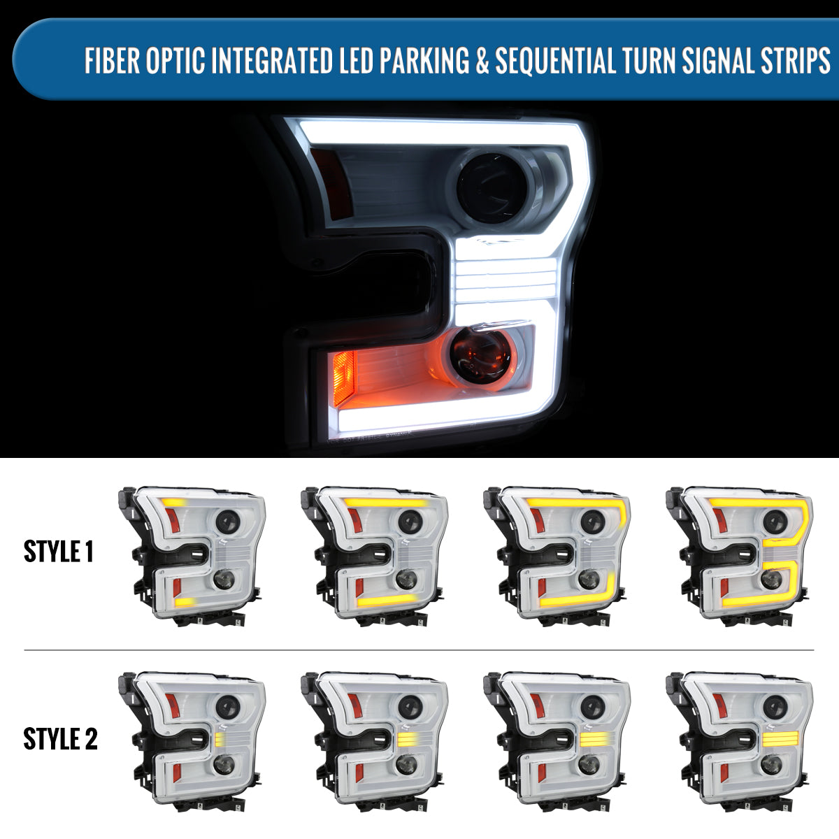 Ronnin - Fits 2015-2017 Ford F150 Halogen Dual Projector Headlights LED DRL Switchback Sequential Turn Signals With 2 Lighting Patterns  Assembly Pair | White