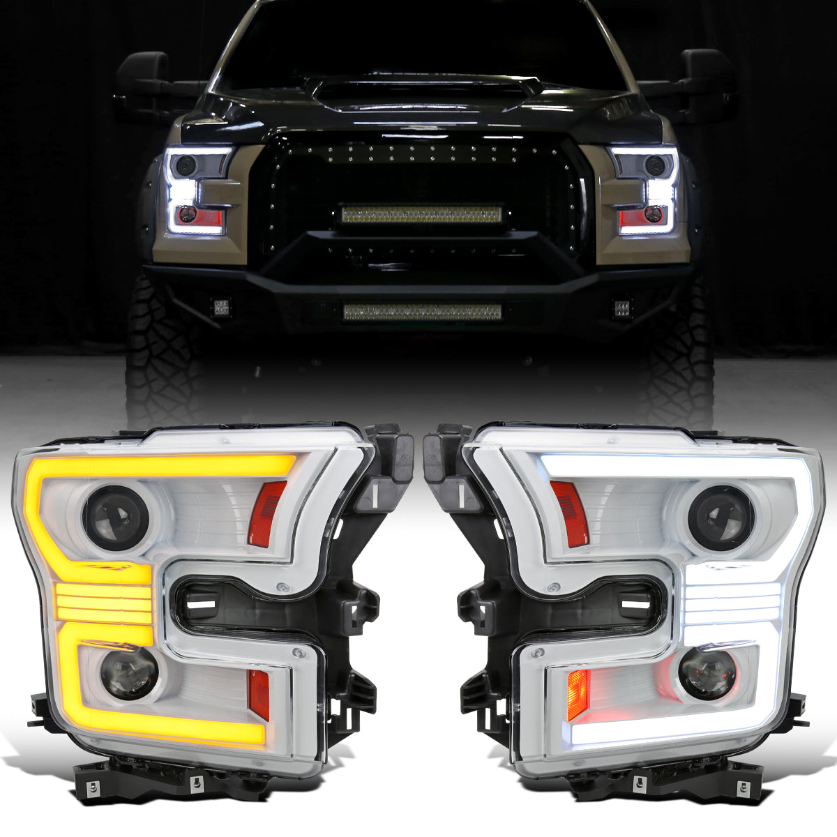Ronnin - Fits 2015-2017 Ford F150 Halogen Dual Projector Headlights LED DRL Switchback Sequential Turn Signals With 2 Lighting Patterns  Assembly Pair | White