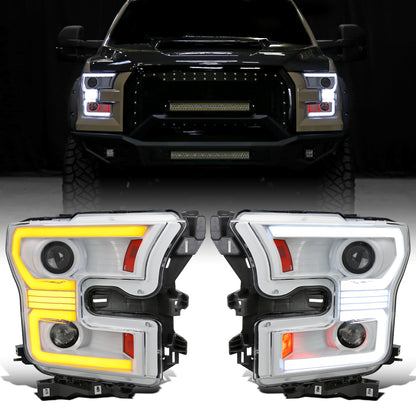 Ronnin - Fits 2015-2017 Ford F150 Halogen Dual Projector Headlights LED DRL Switchback Sequential Turn Signals With 2 Lighting Patterns  Assembly Pair | White