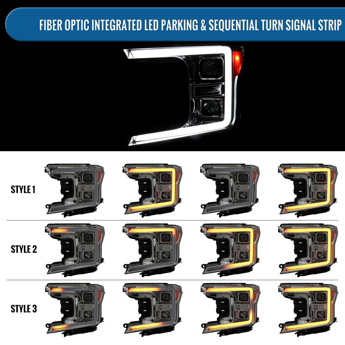 Ronnin - Fits 2018-2020 Ford F150 Halogen Dual Projector Headlights LED DRL Switchback Sequential Turn Signal With 3 Lighting Patterns Assembly Pair | Smoke