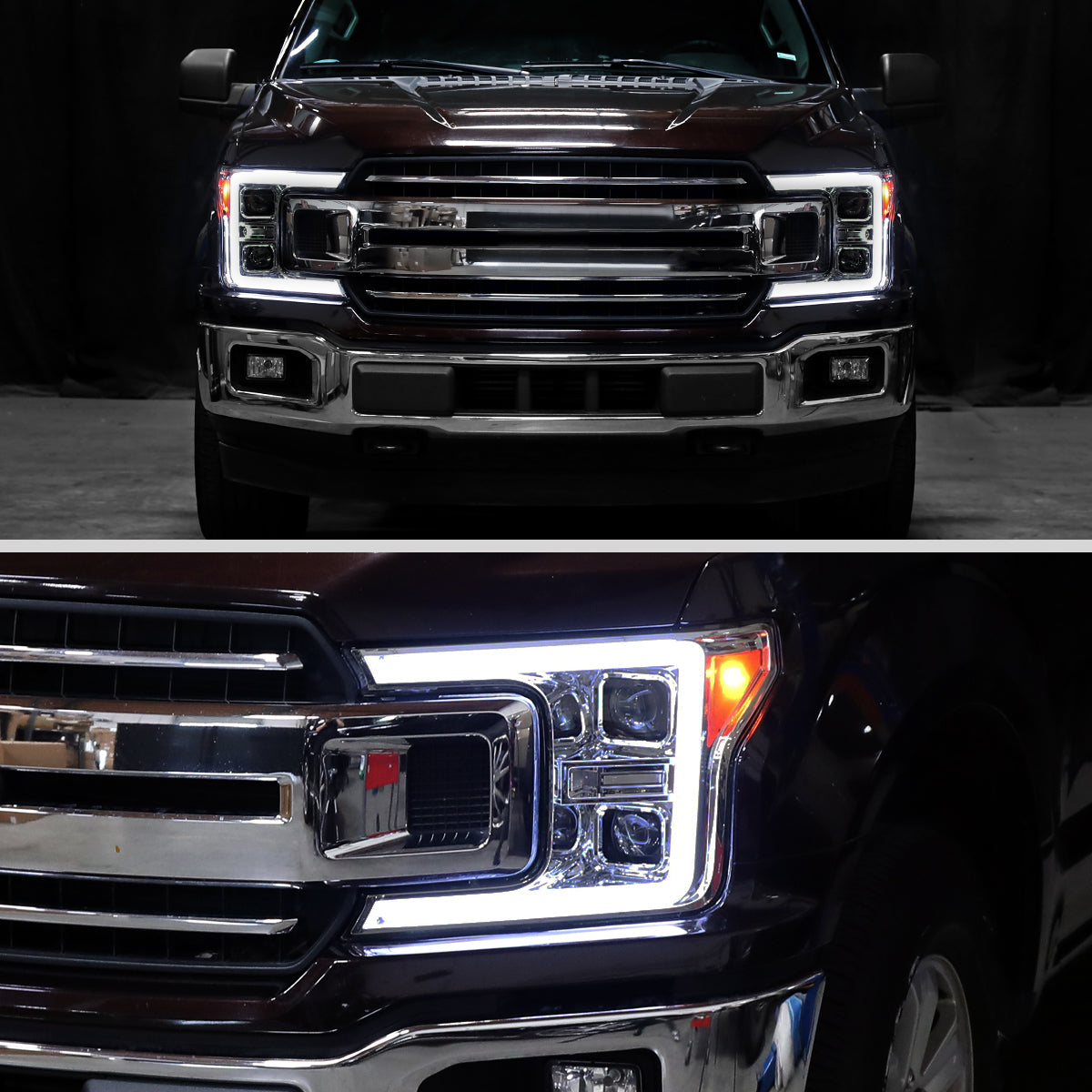 Ronnin - Fits 2018-2020 Ford F150 Halogen Dual Projector Headlights LED DRL Switchback Sequential Turn Signal With 3 Lighting Patterns Assembly Pair | Smoke