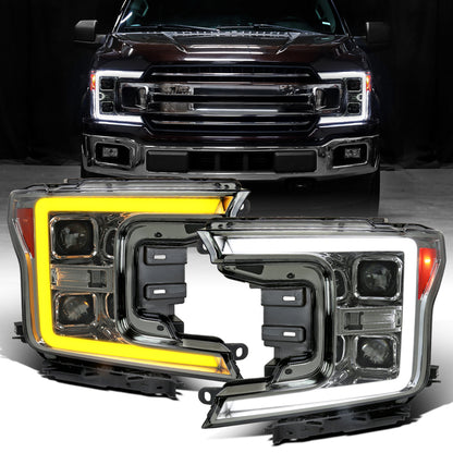 Ronnin - Fits 2018-2020 Ford F150 Halogen Dual Projector Headlights LED DRL Switchback Sequential Turn Signal With 3 Lighting Patterns Assembly Pair | Smoke
