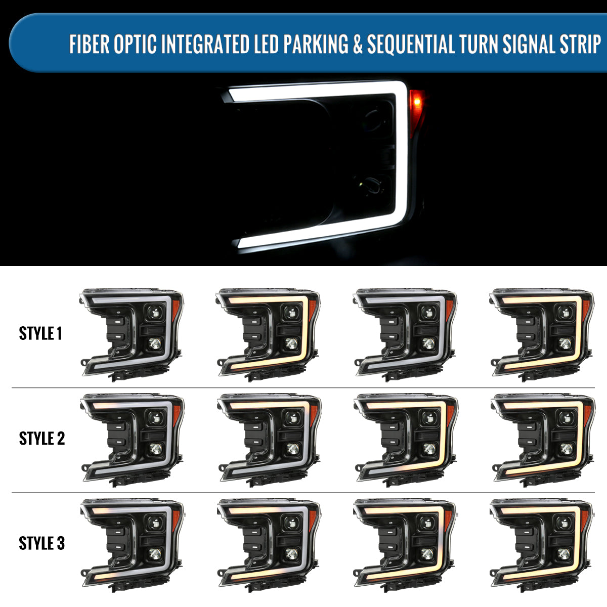 Ronnin - Fits 2018-2020 Ford F150 Halogen Dual Projector Headlights LED DRL Switchback Sequential Turn Signal With 3 Lighting Patterns Assembly Pair | Black