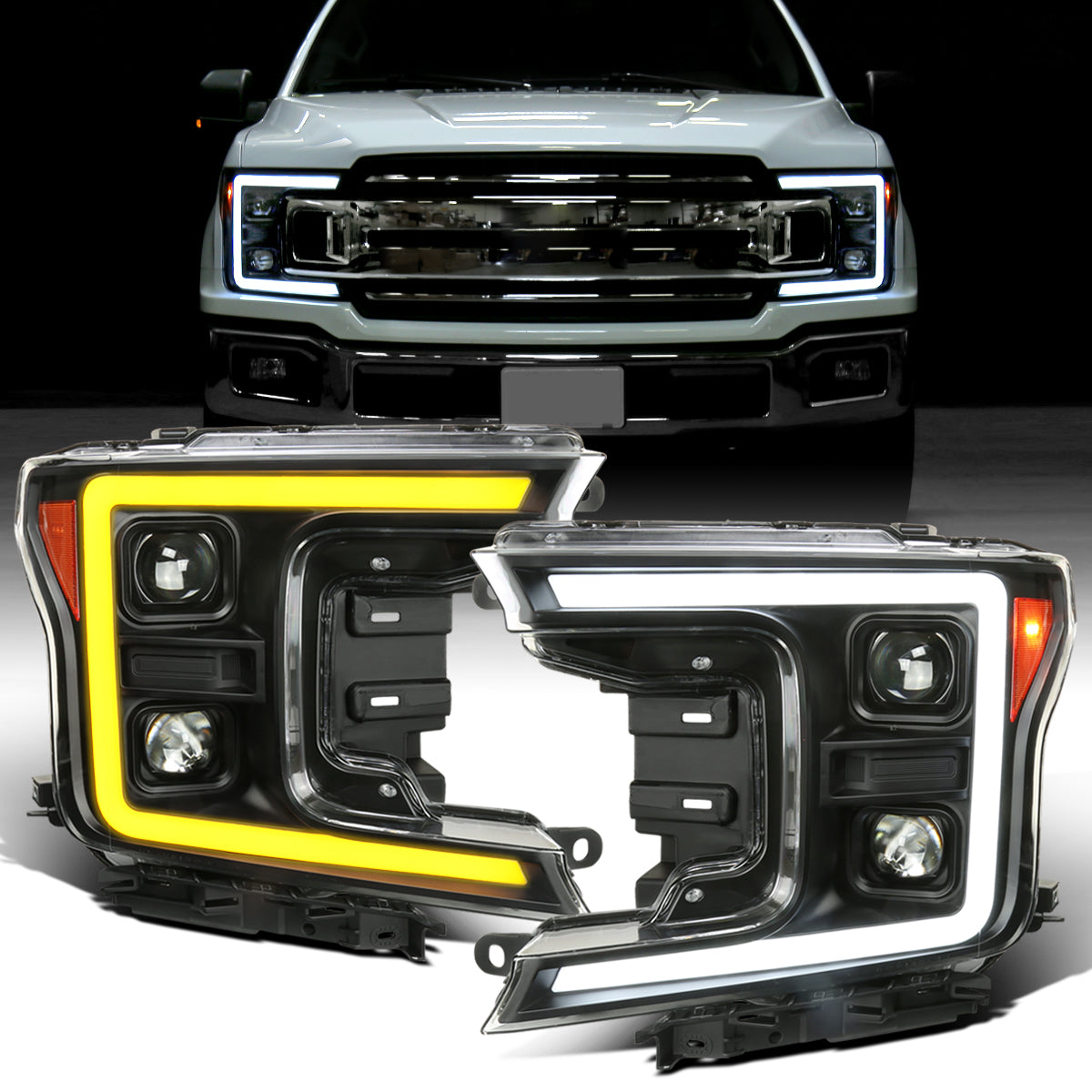 Ronnin - Fits 2018-2020 Ford F150 Halogen Dual Projector Headlights LED DRL Switchback Sequential Turn Signal With 3 Lighting Patterns Assembly Pair | Black