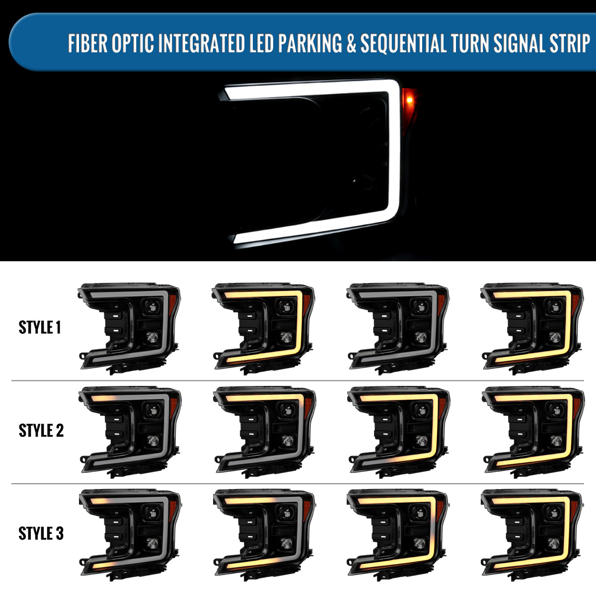 Ronnin - Fits 2018-2020 Ford F150 Halogen Dual Projector Headlights LED DRL Switchback Sequential Turn Signal With 3 Lighting Patterns Assembly Pair | Black Smoke