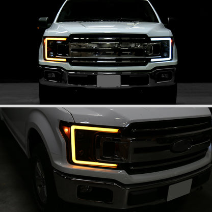 Ronnin - Fits 2018-2020 Ford F150 Halogen Dual Projector Headlights LED DRL Switchback Sequential Turn Signal With 3 Lighting Patterns Assembly Pair | Black Smoke