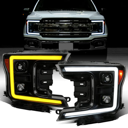 Ronnin - Fits 2018-2020 Ford F150 Halogen Dual Projector Headlights LED DRL Switchback Sequential Turn Signal With 3 Lighting Patterns Assembly Pair | Black Smoke