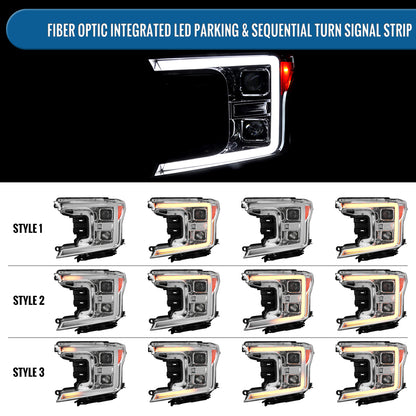 Ronnin - Fits 2018-2020 Ford F150 Halogen Dual Projector Headlights LED DRL Switchback Sequential Turn Signal With 3 Lighting Patterns Assembly Pair | Chrome