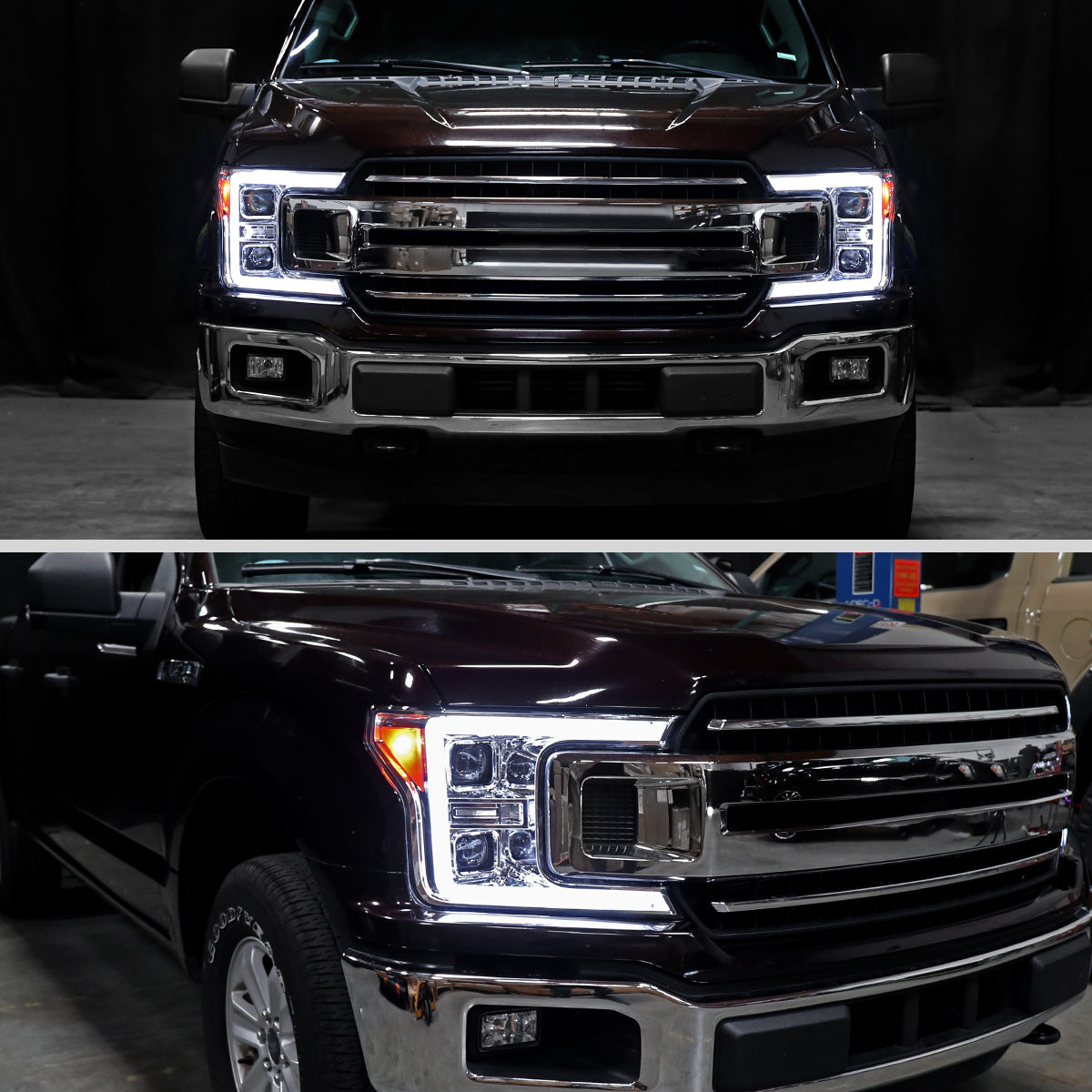 Ronnin - Fits 2018-2020 Ford F150 Halogen Dual Projector Headlights LED DRL Switchback Sequential Turn Signal With 3 Lighting Patterns Assembly Pair | Chrome