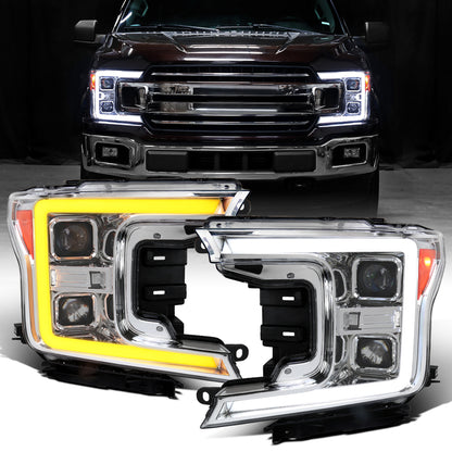 Ronnin - Fits 2018-2020 Ford F150 Halogen Dual Projector Headlights LED DRL Switchback Sequential Turn Signal With 3 Lighting Patterns Assembly Pair | Chrome