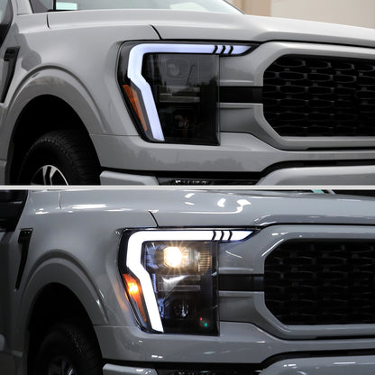 Ronnin - Fits 2021-2023 Ford F150 LED DRL Halogen Projector Headlights Switchback LED Sequential Signal + Animated Startup Effect Pair | Black