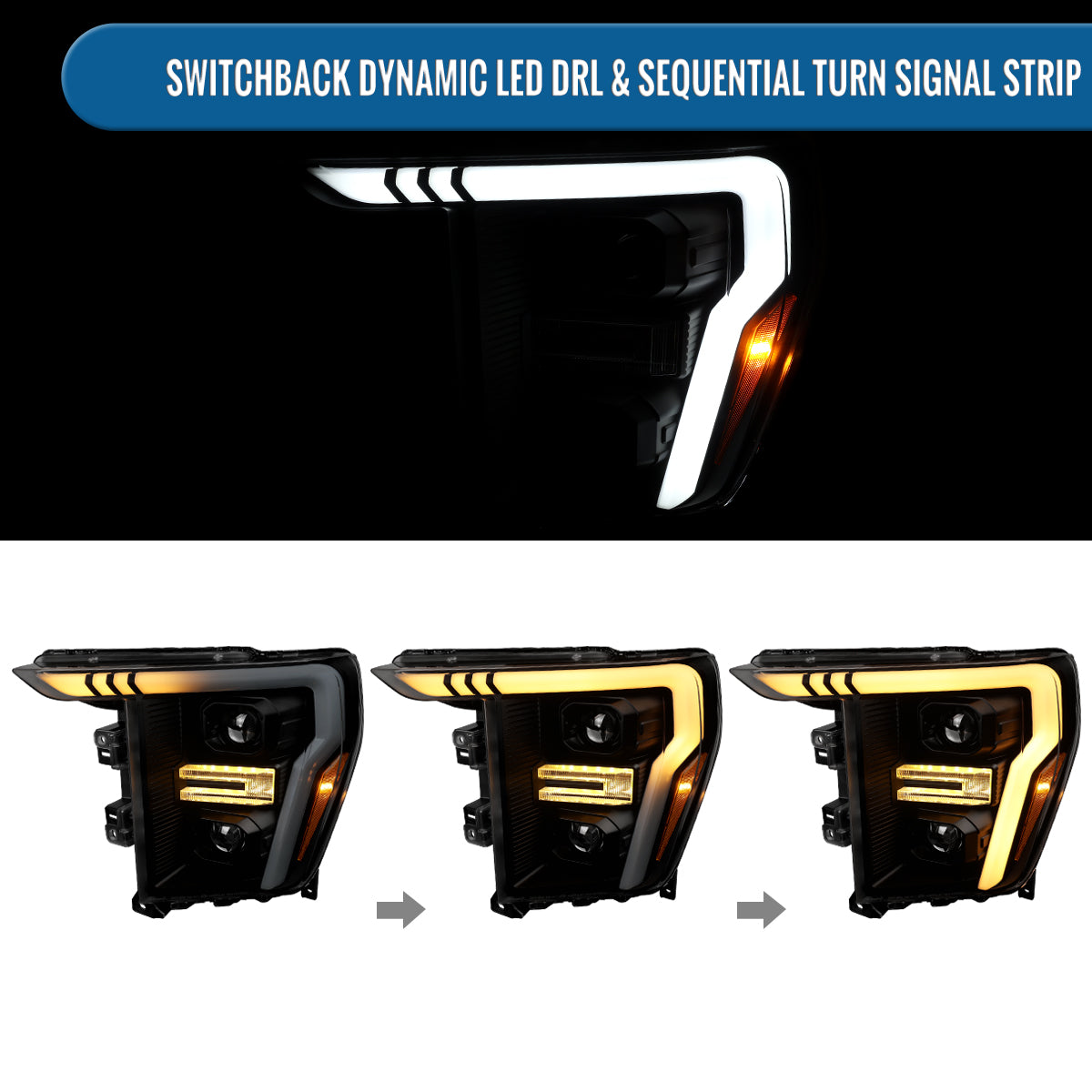 Ronnin - Fits 2021-2023 Ford F150 LED DRL Halogen Projector Headlights Switchback LED Sequential Signal + Animated Startup Effect Pair | Black Smoke