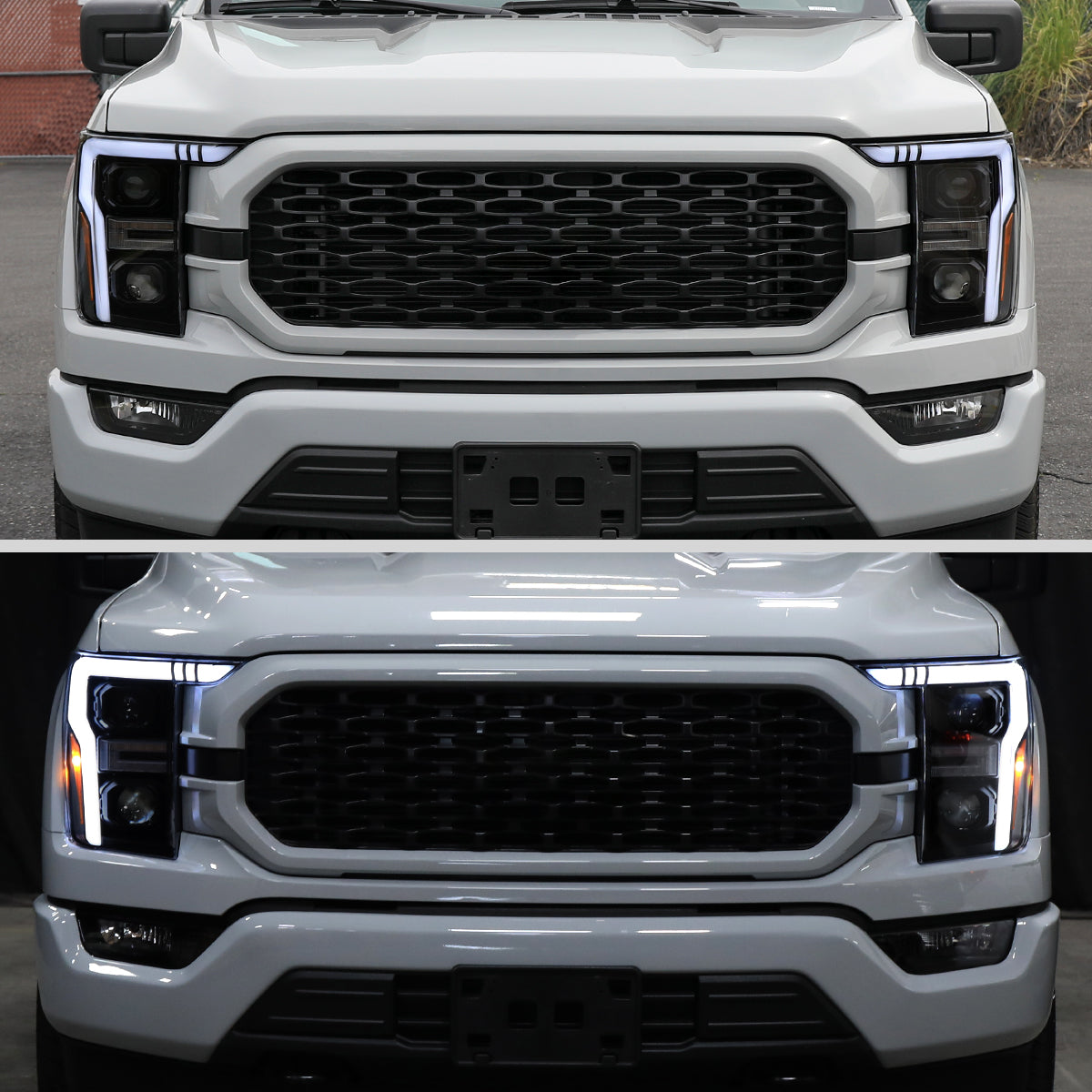 Ronnin - Fits 2021-2023 Ford F150 LED DRL Halogen Projector Headlights Switchback LED Sequential Signal + Animated Startup Effect Pair | Black Smoke