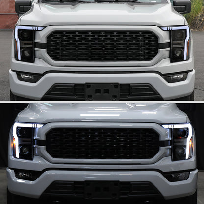 Ronnin - Fits 2021-2023 Ford F150 LED DRL Halogen Projector Headlights Switchback LED Sequential Signal + Animated Startup Effect Pair | Black Smoke