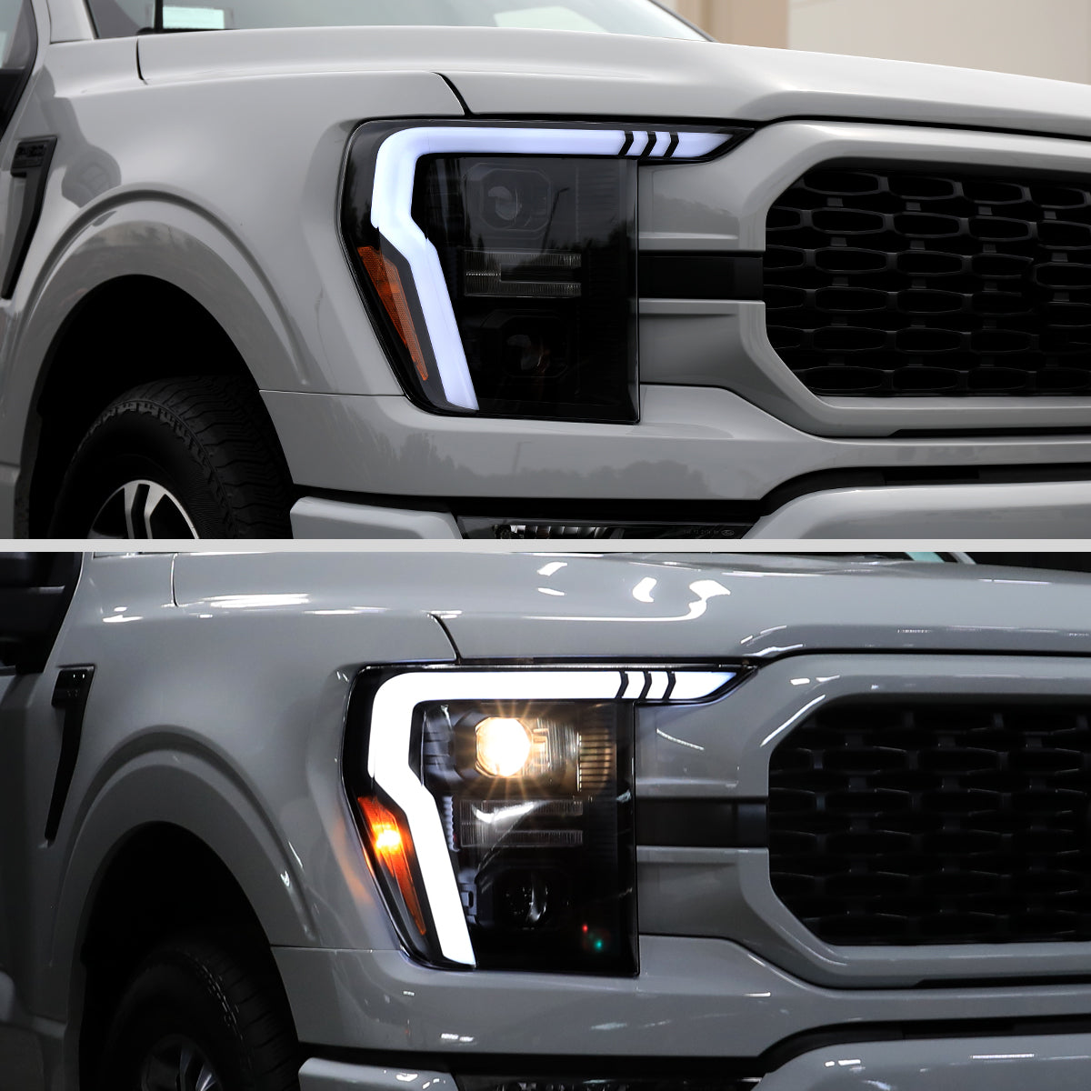 Ronnin - Fits 2021-2023 Ford F150 LED DRL Halogen Projector Headlights Switchback LED Sequential Signal + Animated Startup Effect Pair | Black Smoke