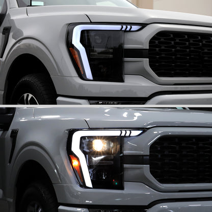 Ronnin - Fits 2021-2023 Ford F150 LED DRL Halogen Projector Headlights Switchback LED Sequential Signal + Animated Startup Effect Pair | Black Smoke