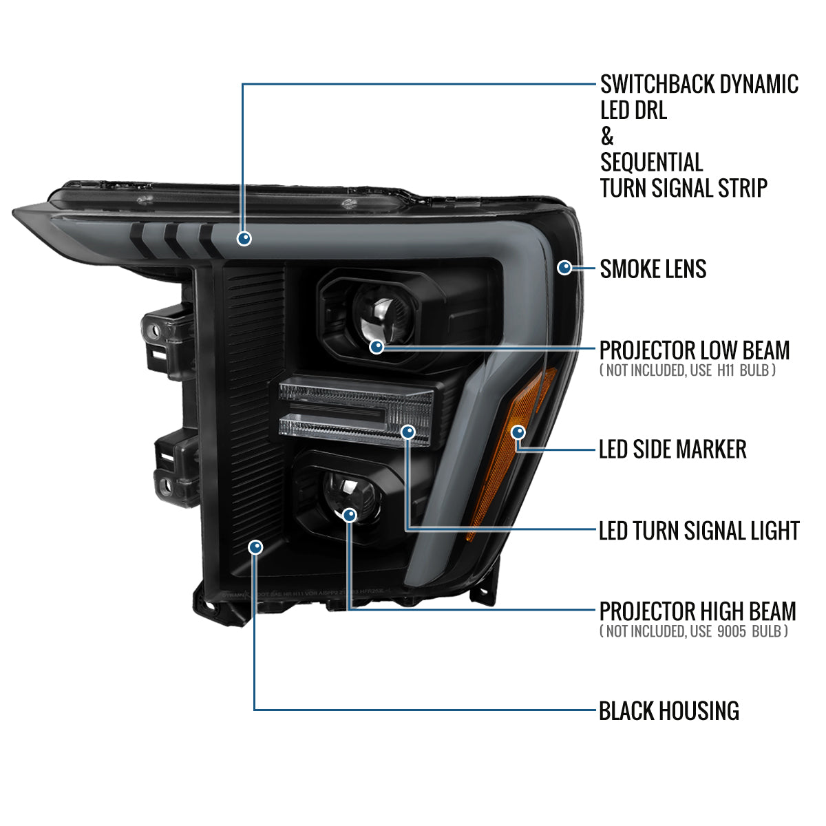 Ronnin - Fits 2021-2023 Ford F150 LED DRL Halogen Projector Headlights Switchback LED Sequential Signal + Animated Startup Effect Pair | Black Smoke