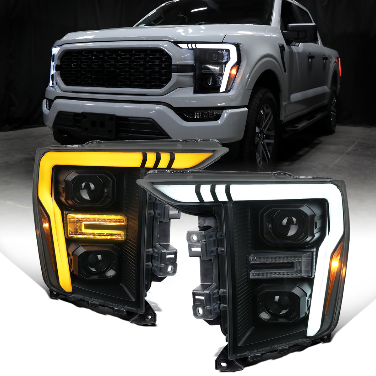 Ronnin - Fits 2021-2023 Ford F150 LED DRL Halogen Projector Headlights Switchback LED Sequential Signal + Animated Startup Effect Pair | Black Smoke