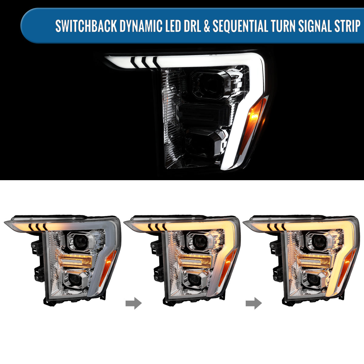 Ronnin - Fits 2021-2023 Ford F150 LED DRL Halogen Projector Headlights Switchback LED Sequential Signal + Animated Startup Effect Pair | Chrome