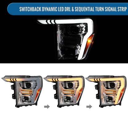 Ronnin - Fits 2021-2023 Ford F150 LED DRL Halogen Projector Headlights Switchback LED Sequential Signal + Animated Startup Effect Pair | Chrome