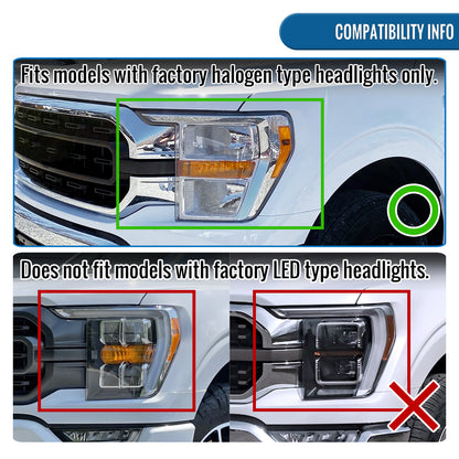 Ronnin - Se adapta a los faros delanteros de proyector halógenos con DRL LED para Ford F150 2021-2023, señal secuencial LED Switchback + par con efecto de inicio animado | Cromado