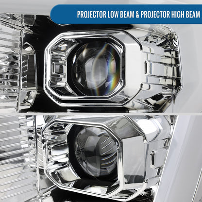 Ronnin - Fits 2021-2023 Ford F150 LED DRL Halogen Projector Headlights Switchback LED Sequential Signal + Animated Startup Effect Pair | Chrome