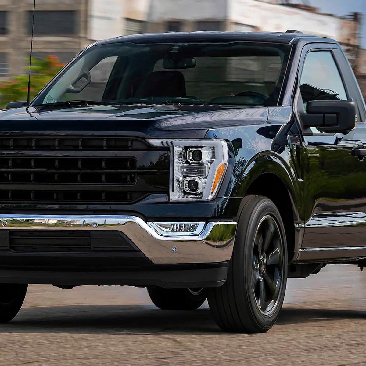 Ronnin - Fits 2021-2023 Ford F150 LED DRL Halogen Projector Headlights Switchback LED Sequential Signal + Animated Startup Effect Pair | Chrome