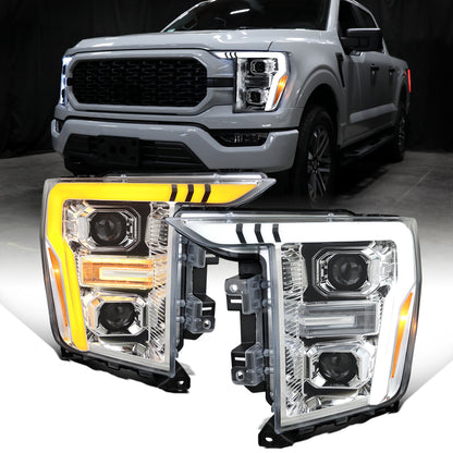 Ronnin - Fits 2021-2023 Ford F150 LED DRL Halogen Projector Headlights Switchback LED Sequential Signal + Animated Startup Effect Pair | Chrome