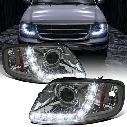1997-2004 Ford F150 Heritage Expedition LED Lights Halogen Projector Headlights Replacement Assembly Pair | Smoke