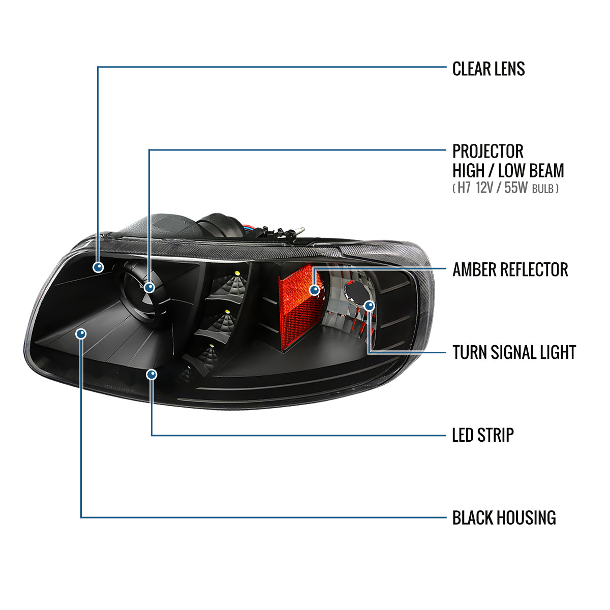1997-2004 Ford F150 Heritage Expedition LED Lights Halogen Projector Headlights Replacement Assembly Pair | Black