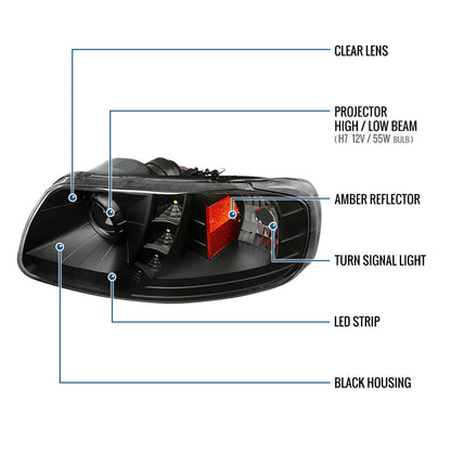 1997-2004 Ford F150 Heritage Expedition LED Lights Halogen Projector Headlights Replacement Assembly Pair | Black