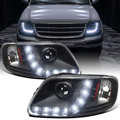 1997-2004 Ford F150 Heritage Expedition LED Lights Halogen Projector Headlights Replacement Assembly Pair | Black