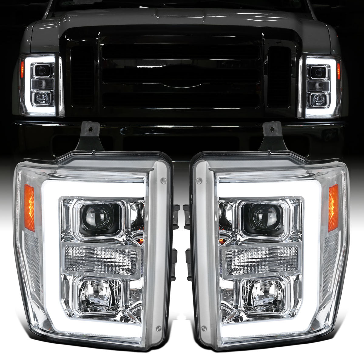 Ronnin - Fits 2008-2010 Ford F250 F350 F450 F550 Super Duty LED Tube Projector Headlights Assembly Pair | Chrome