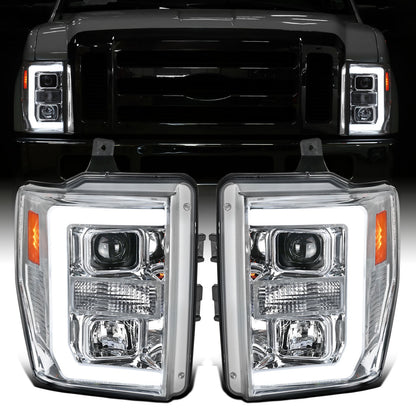 Ronnin - Fits 2008-2010 Ford F250 F350 F450 F550 Super Duty LED Tube Projector Headlights Assembly Pair | Chrome