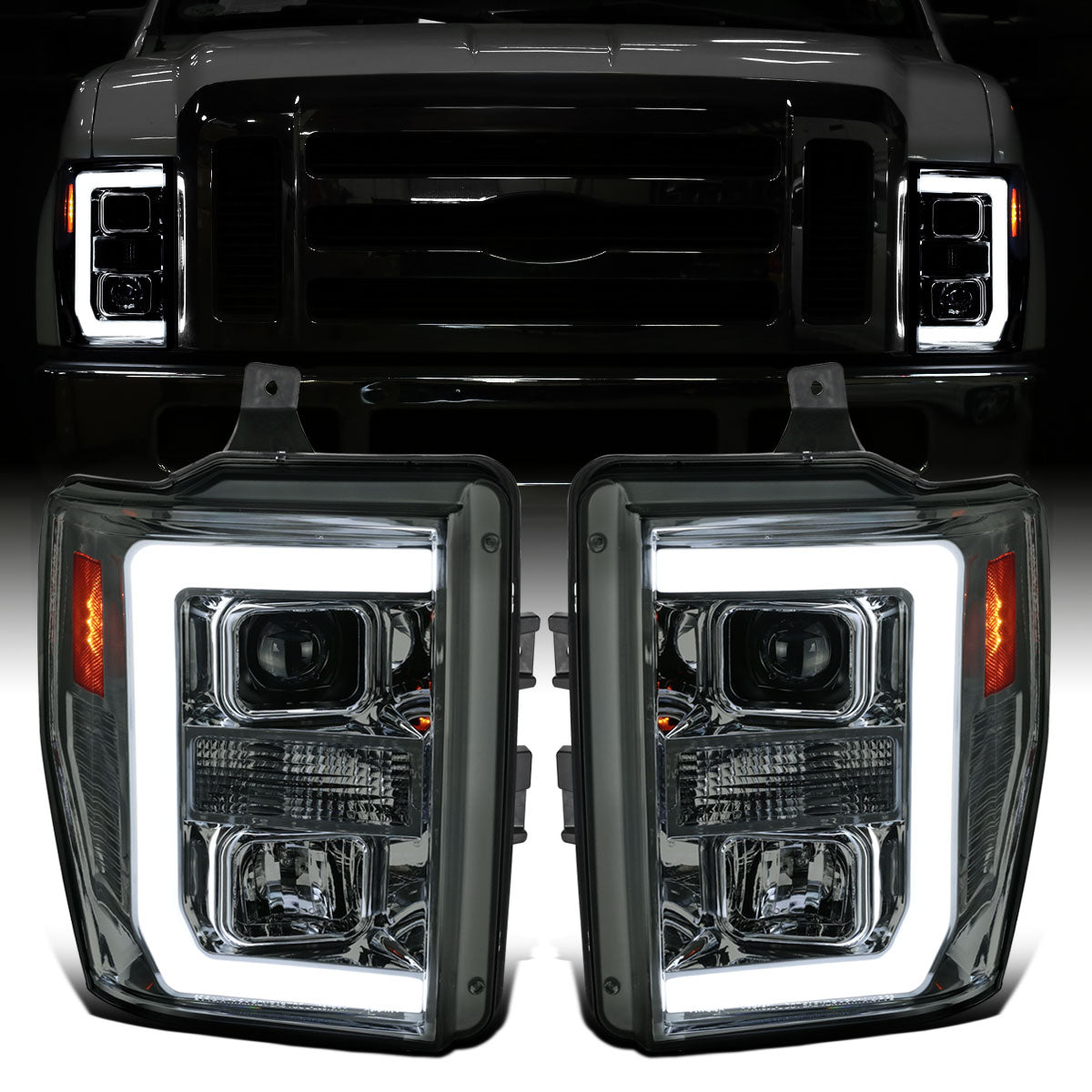 Ronnin - Fits 2008-2010 Ford F250 F350 F450 F550 Super Duty LED Tube Projector Headlights Assembly Pair | Smoke