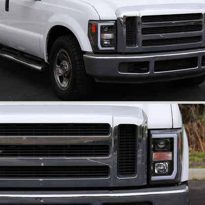 Ronnin - Fits 2008-2010 Ford F250 F350 F450 F550 Super Duty LED Tube Projector Headlights Assembly Pair | Black