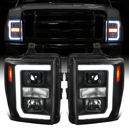 Ronnin - Fits 2008-2010 Ford F250 F350 F450 F550 Super Duty LED Tube Projector Headlights Assembly Pair | Black