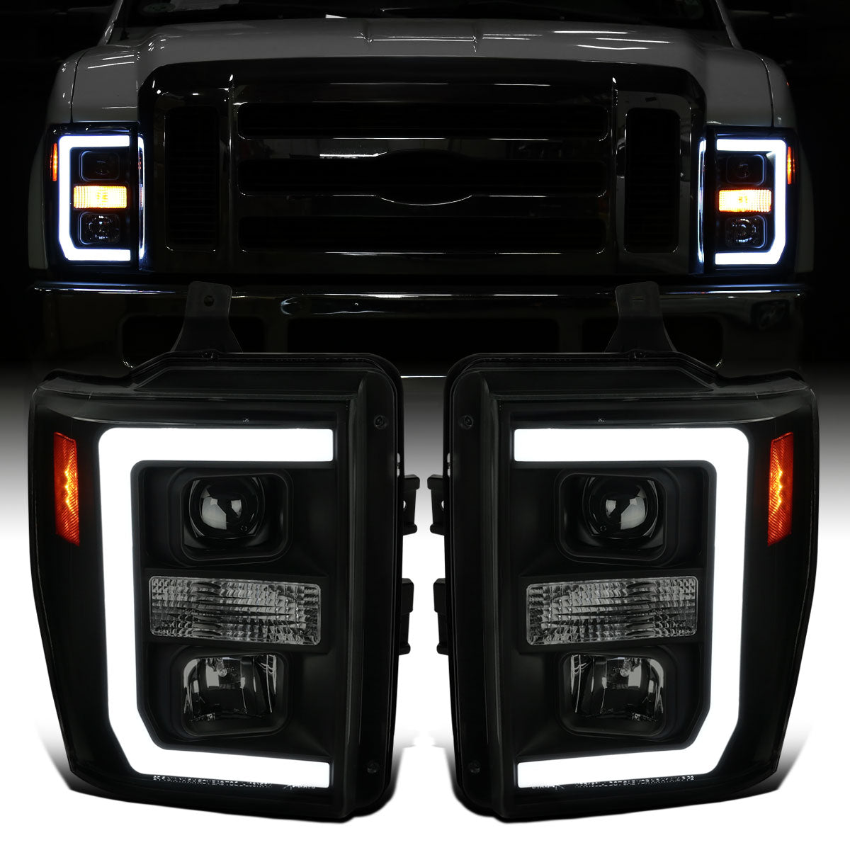 Ronnin - Fits 2008-2010 Ford F250 F350 F450 F550 Super Duty LED Tube Projector Headlights Assembly Pair | Black Smoke