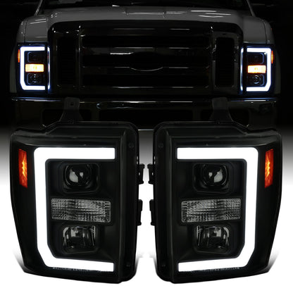 Ronnin - Fits 2008-2010 Ford F250 F350 F450 F550 Super Duty LED Tube Projector Headlights Assembly Pair | Black Smoke