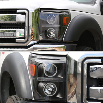 Ronnin -  Fits 2011-2016 Ford F250 F350 F450 F550 Super Duty LED Dual Halo Rims Driving Lights Projector Headlights Assembly Pair | Black